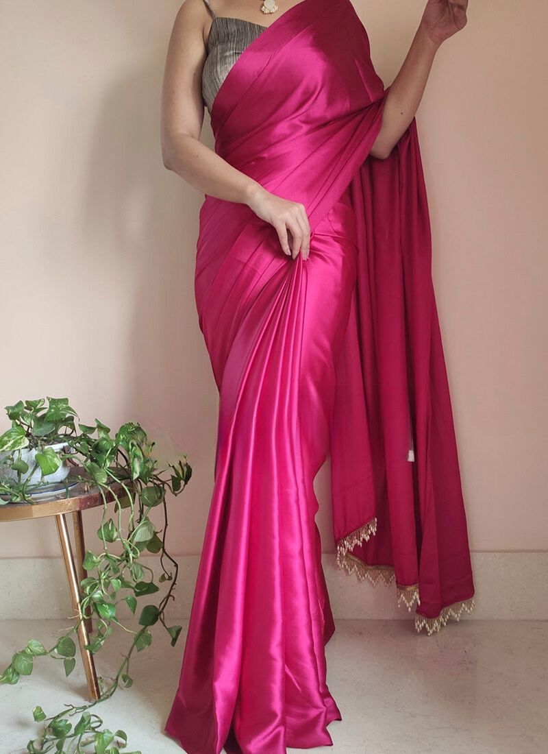 Smashing 1-Minute Ready To Wear Hot Pink Satin Silk Saree - thelotusfab