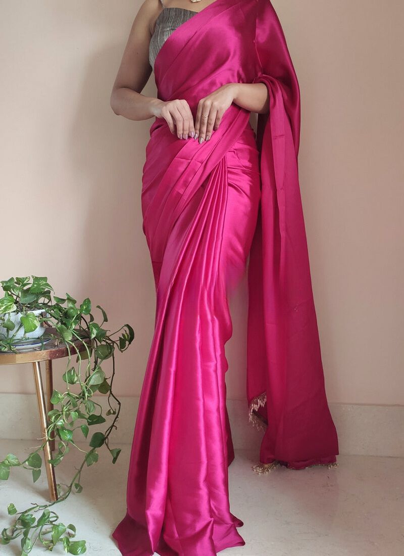 Smashing 1-Minute Ready To Wear Hot Pink Satin Silk Saree - thelotusfab