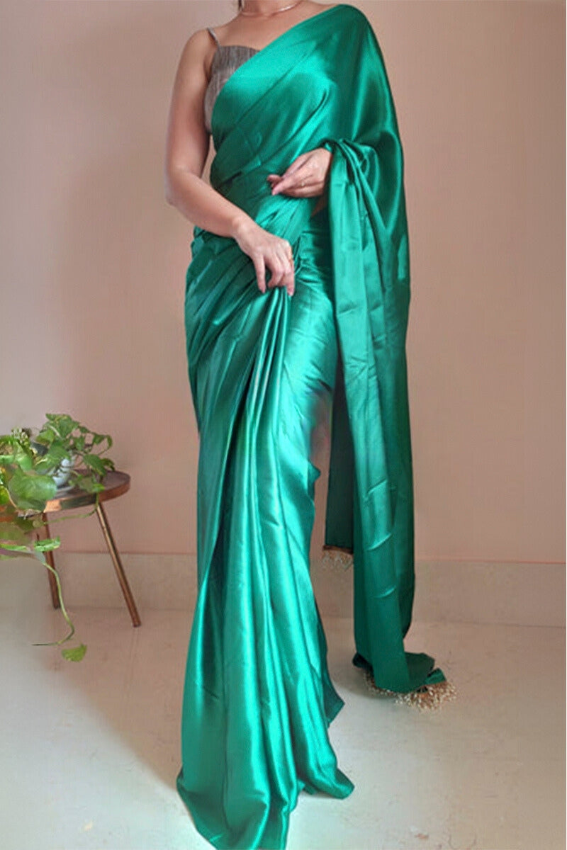 Entrancing 1-Minute Ready To Wear Jade Green Satin Silk Saree - thelotusfab