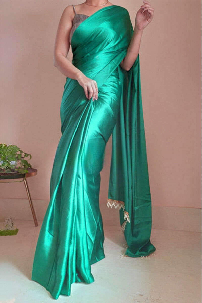 Entrancing 1-Minute Ready To Wear Jade Green Satin Silk Saree - thelotusfab