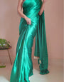 Entrancing 1-Minute Ready To Wear Jade Green Satin Silk Saree