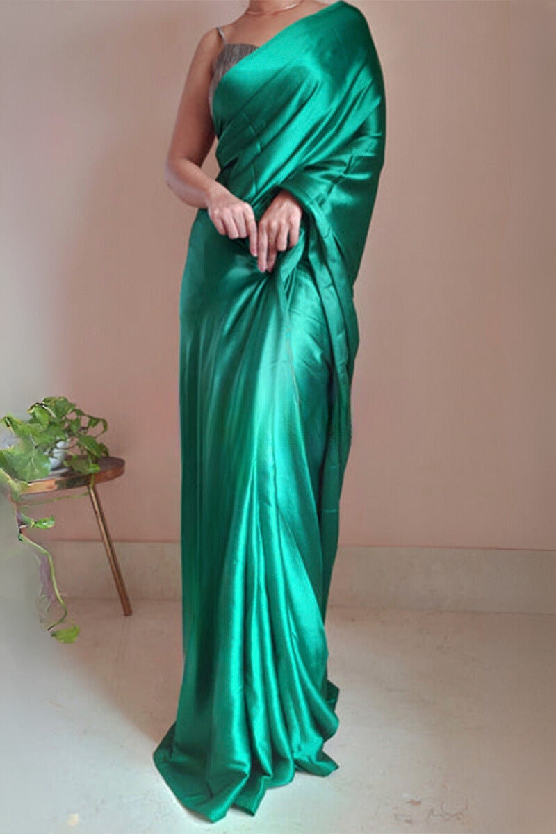 Entrancing 1-Minute Ready To Wear Jade Green Satin Silk Saree - thelotusfab