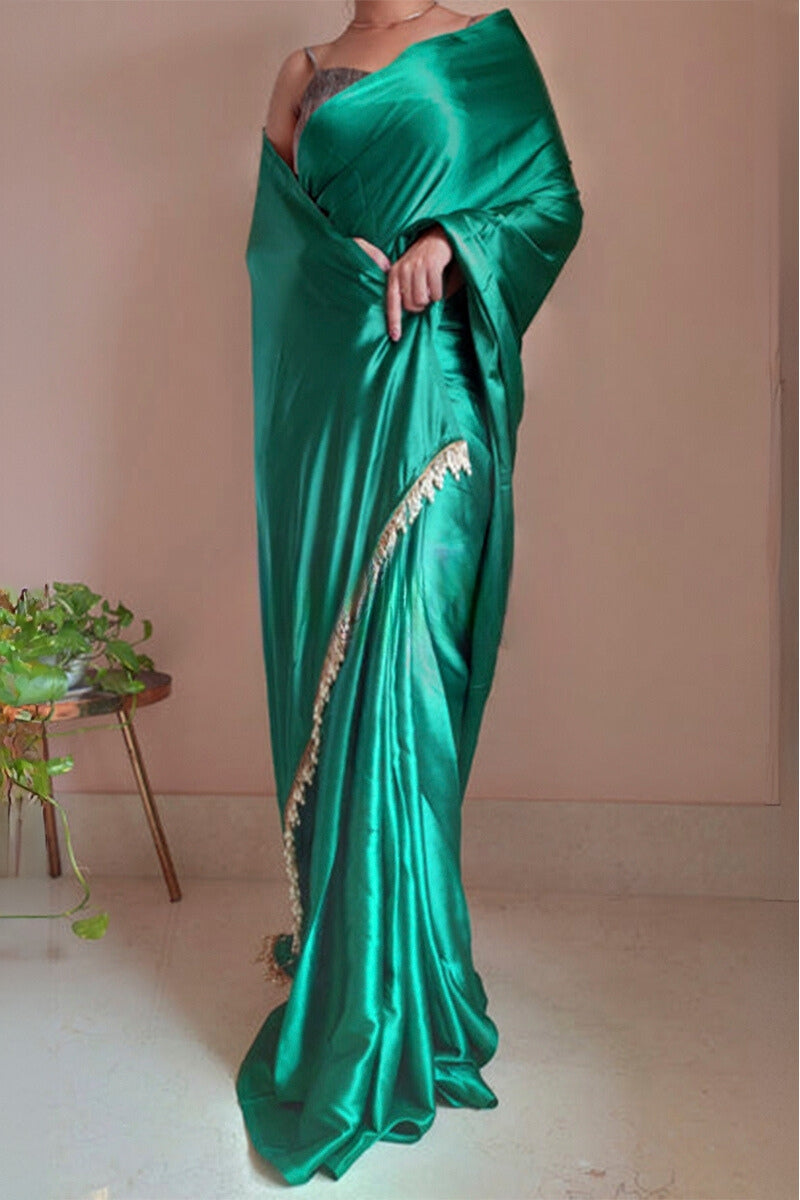 Entrancing 1-Minute Ready To Wear Jade Green Satin Silk Saree - thelotusfab