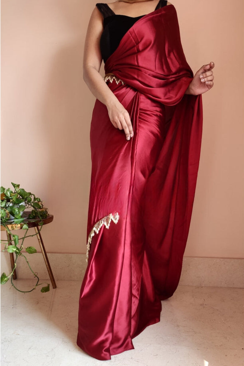 Ailurophile 1-Minute Ready To Wear Maroon Satin Silk Saree - thelotusfab