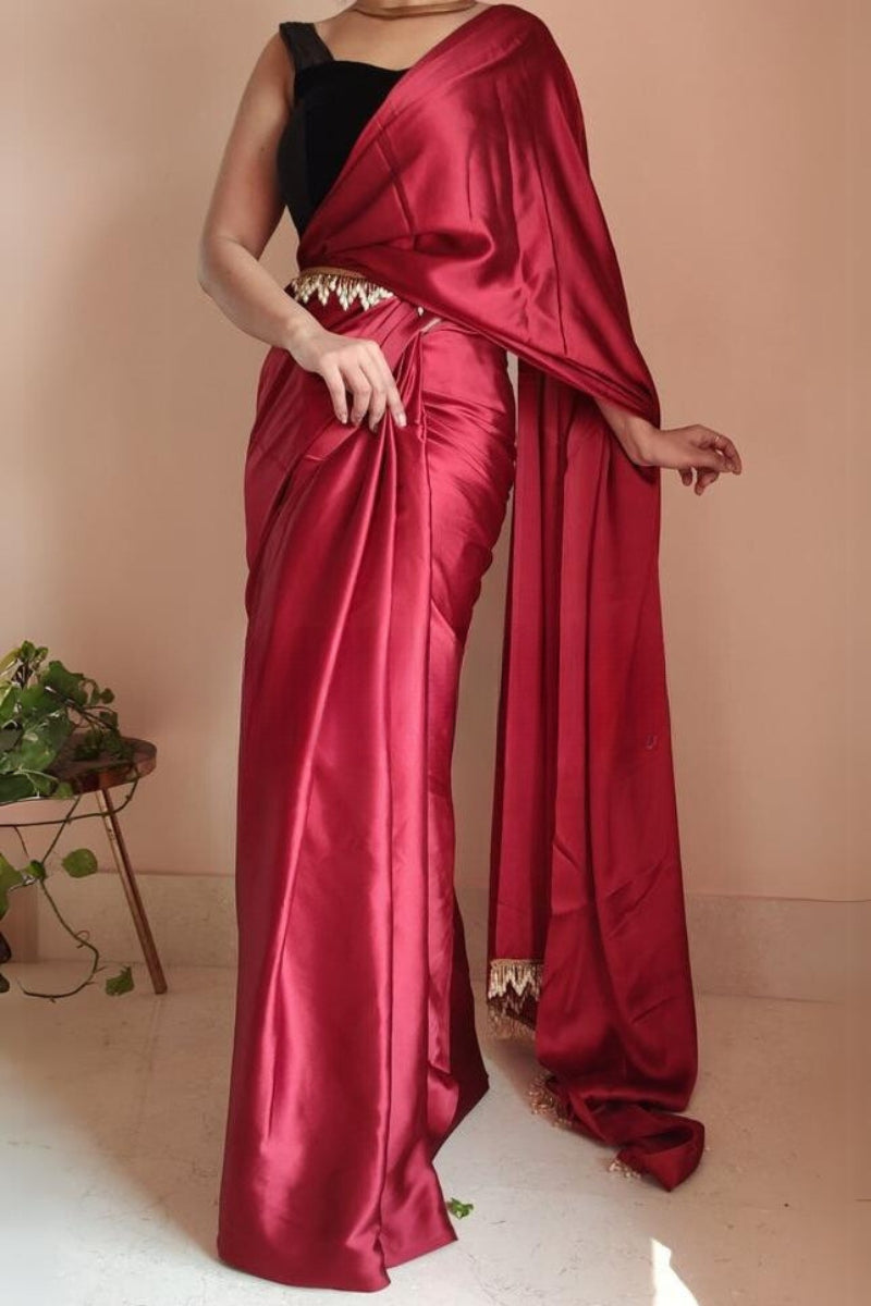 Ailurophile 1-Minute Ready To Wear Maroon Satin Silk Saree - thelotusfab