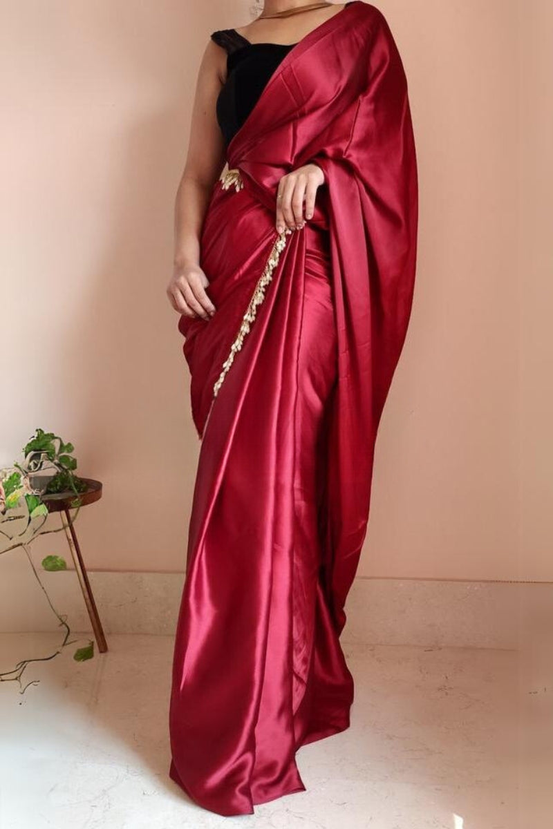 Ailurophile 1-Minute Ready To Wear Maroon Satin Silk Saree - thelotusfab