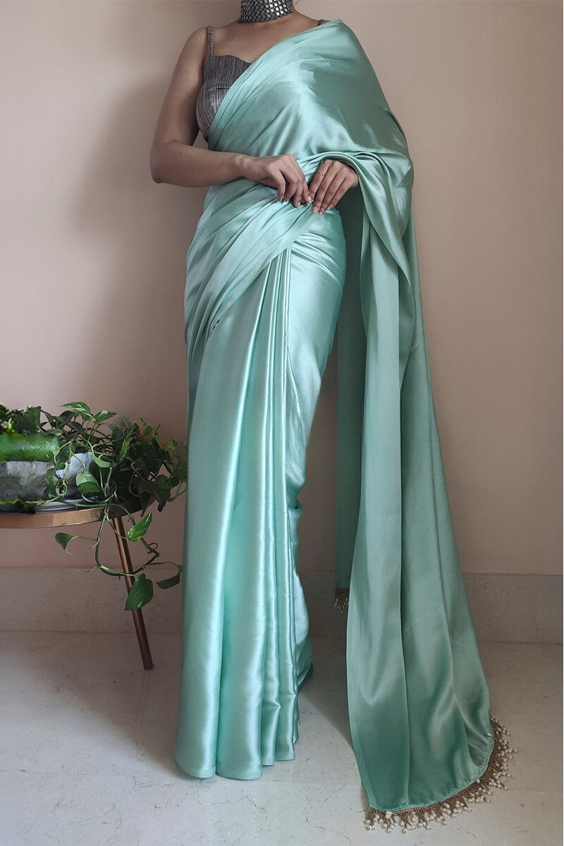 Majesty 1-Minute Ready To Wear Mint Green Satin Silk Saree - thelotusfab