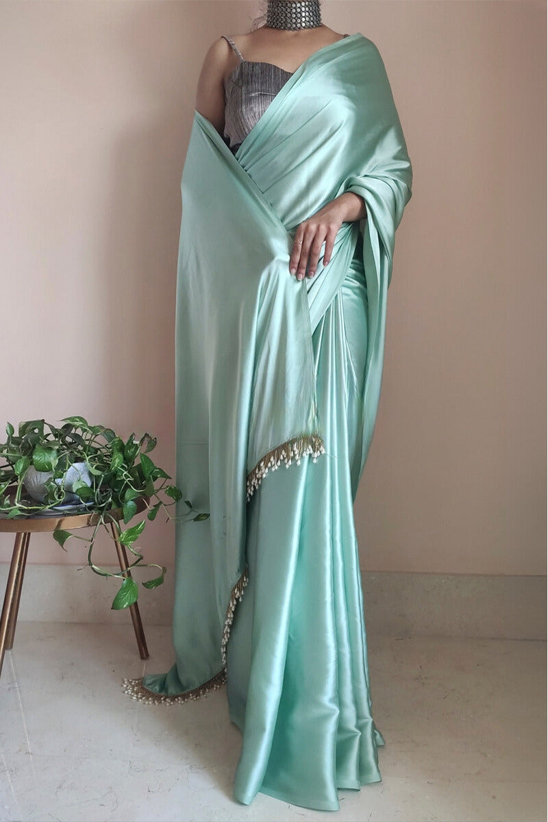 Majesty 1-Minute Ready To Wear Mint Green Satin Silk Saree - thelotusfab