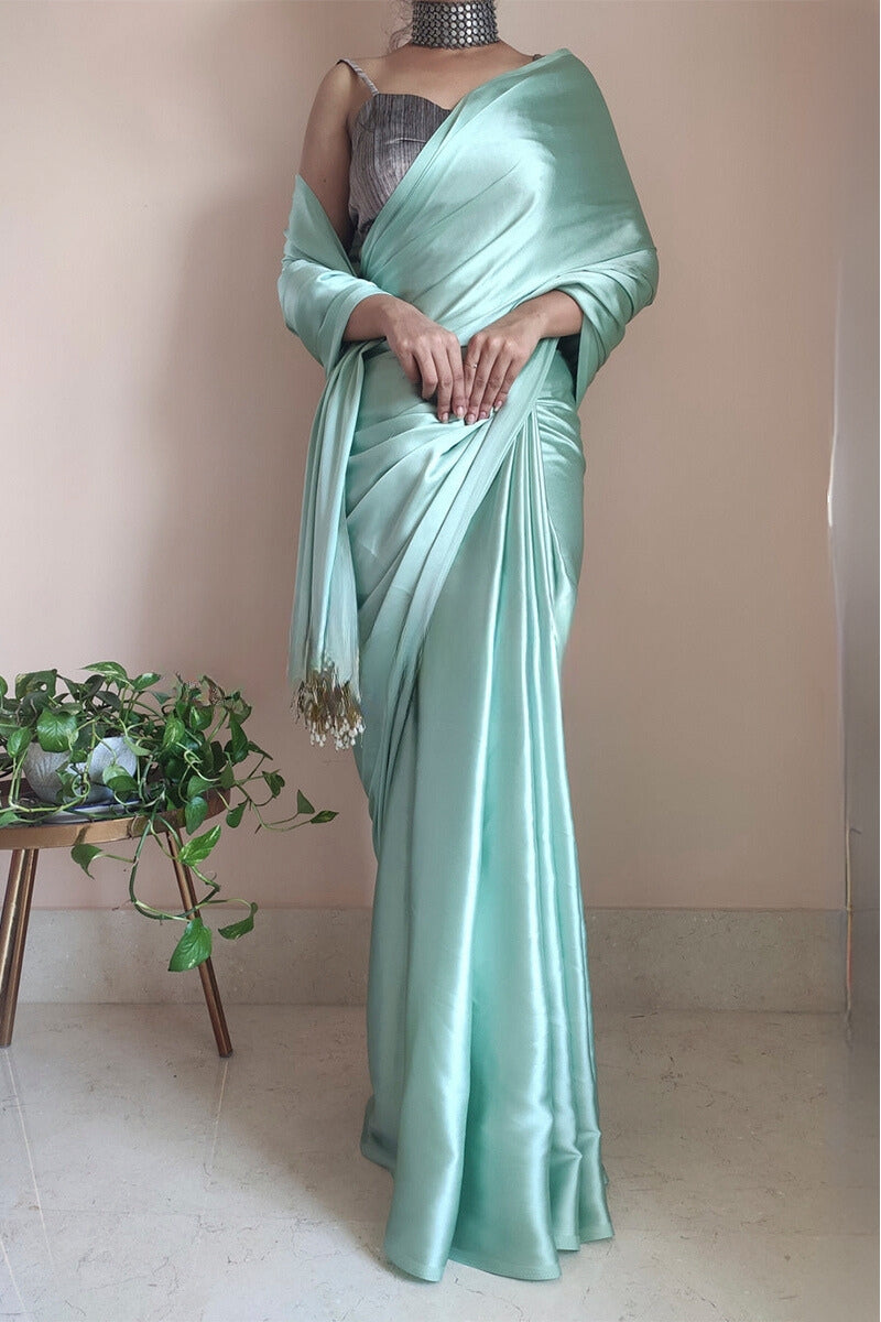 Majesty 1-Minute Ready To Wear Mint Green Satin Silk Saree - thelotusfab