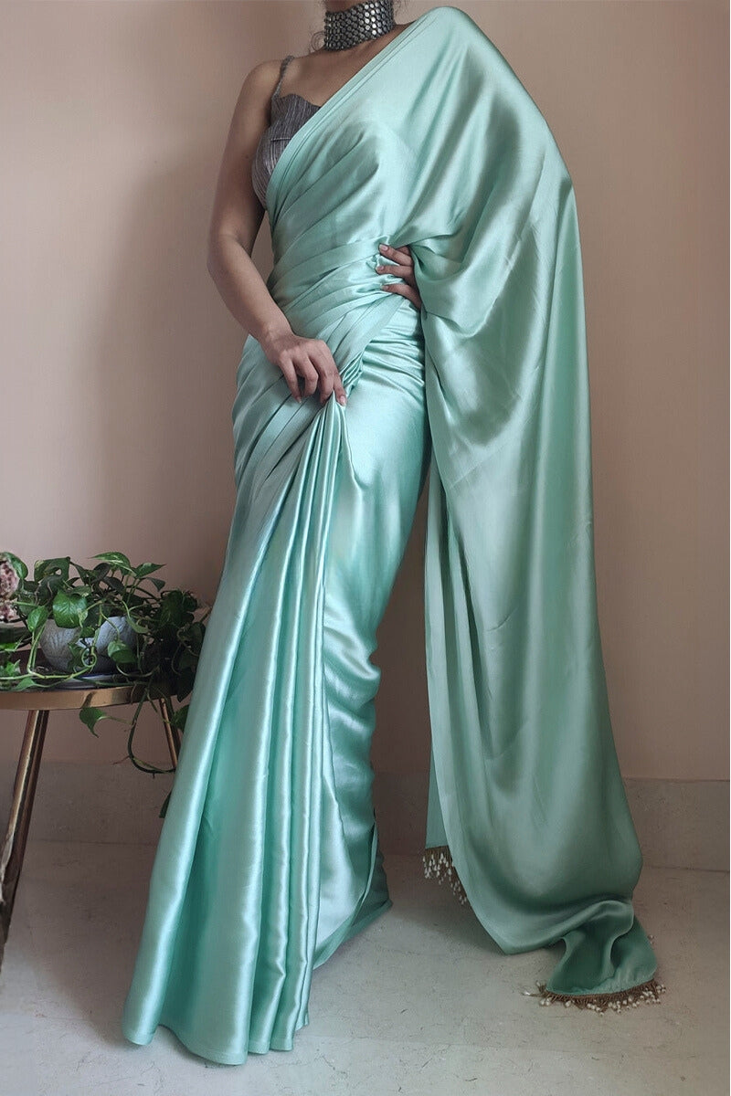 Majesty 1-Minute Ready To Wear Mint Green Satin Silk Saree - thelotusfab