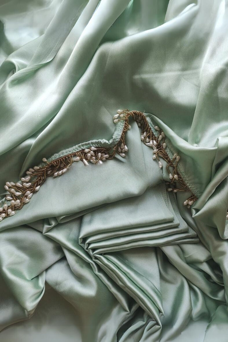 Majesty 1-Minute Ready To Wear Mint Green Satin Silk Saree - thelotusfab