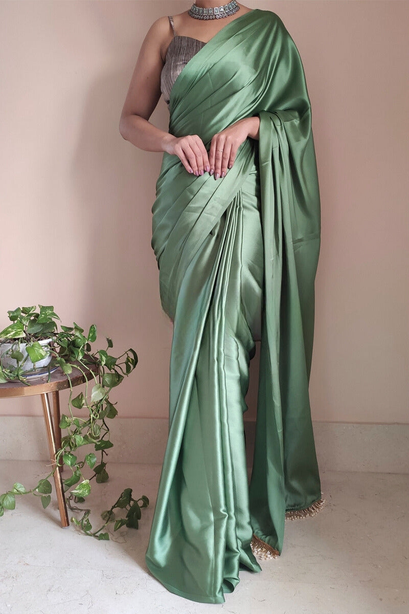 Designer 1-Minute Ready To Wear Moss Green Satin Silk Saree - thelotusfab