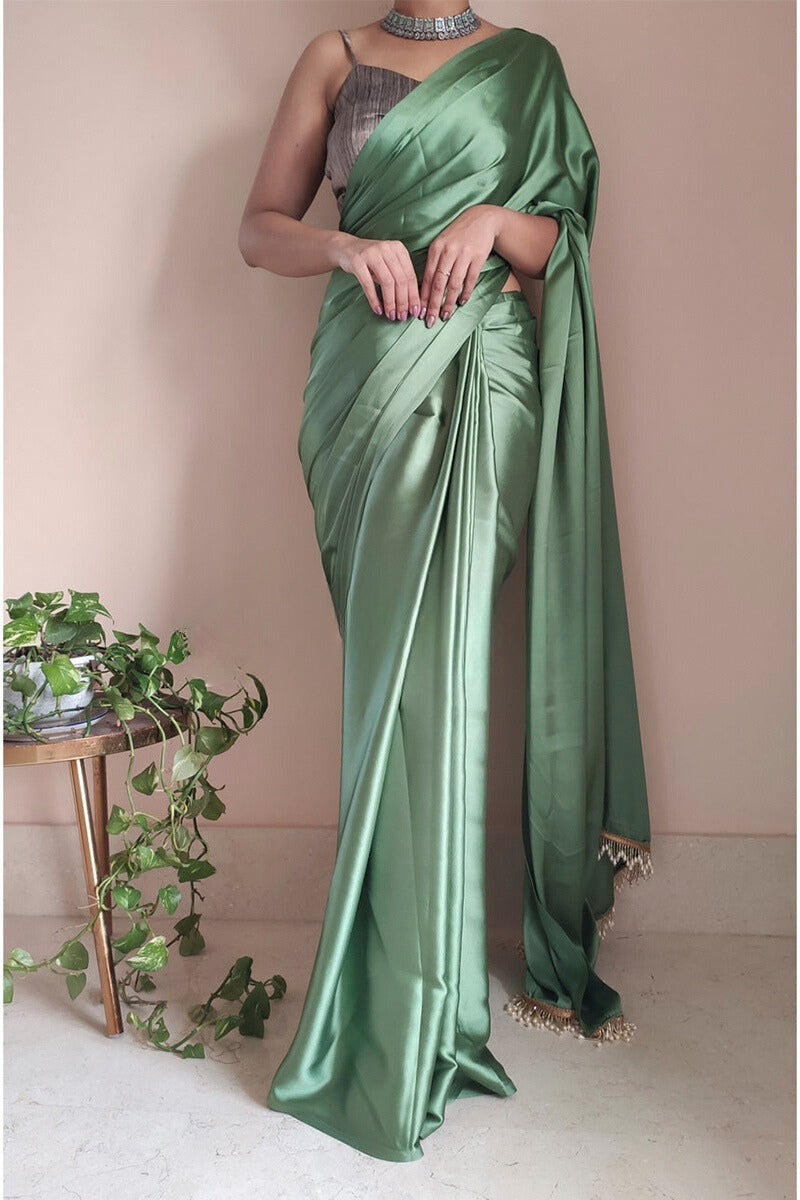 Designer 1-Minute Ready To Wear Moss Green Satin Silk Saree - thelotusfab