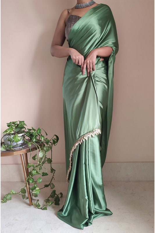 Designer 1-Minute Ready To Wear Moss Green Satin Silk Saree - thelotusfab
