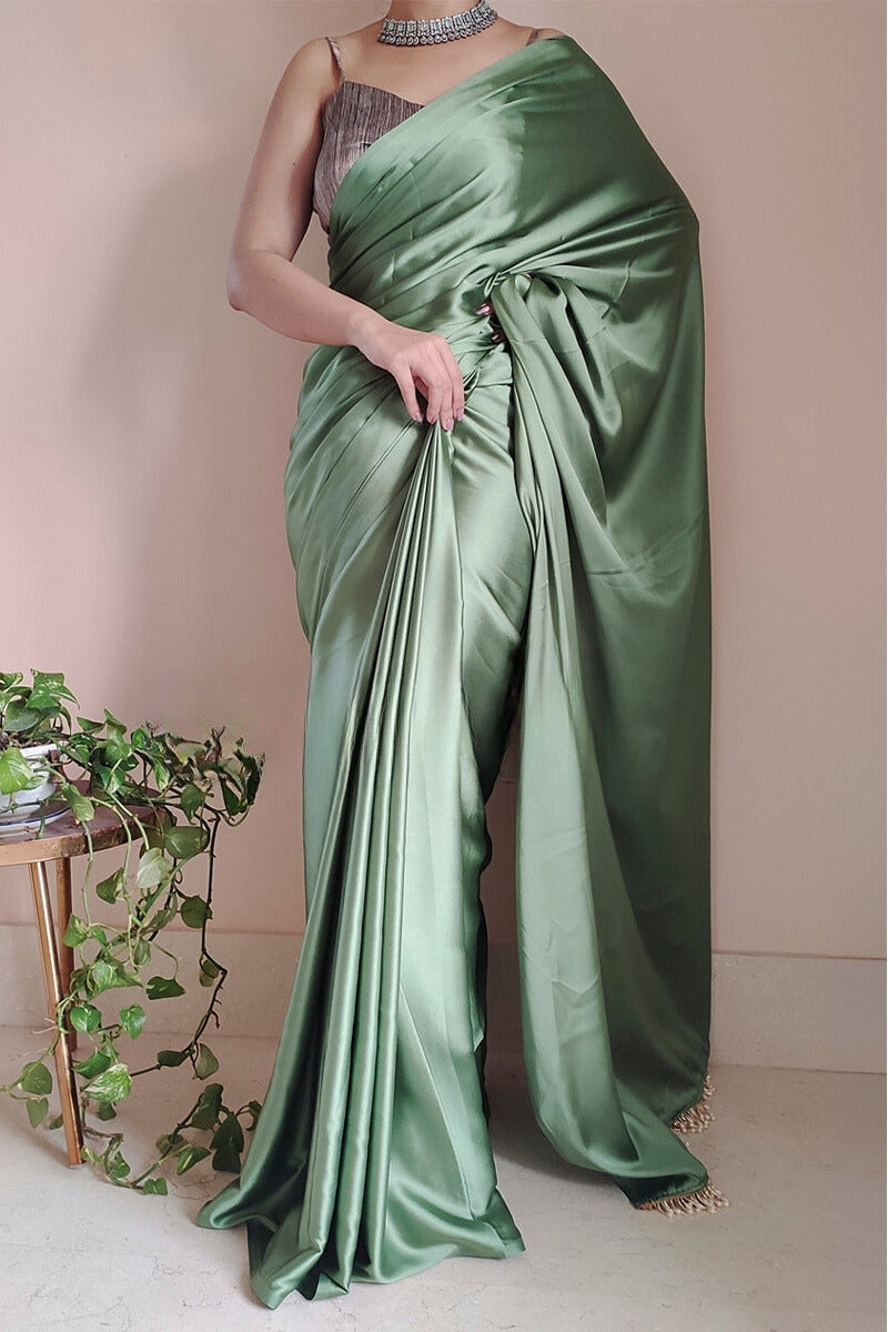 Designer 1-Minute Ready To Wear Moss Green Satin Silk Saree - thelotusfab