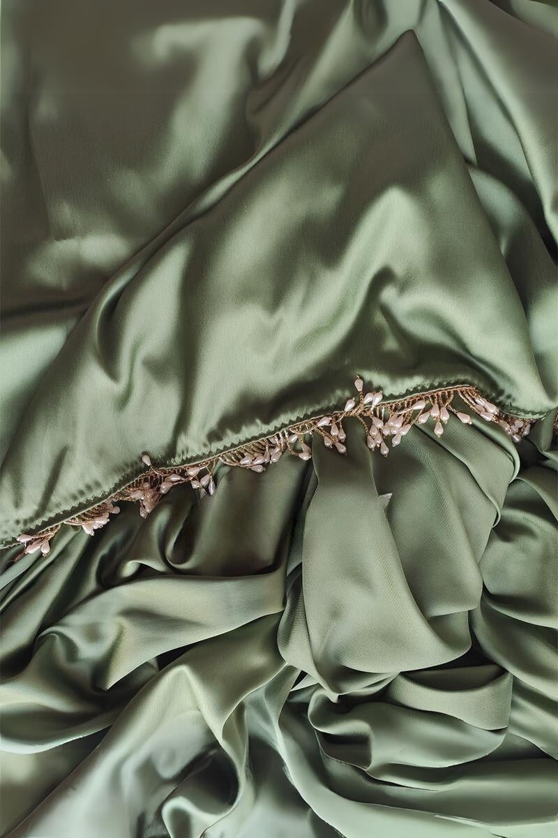 Designer 1-Minute Ready To Wear Moss Green Satin Silk Saree - thelotusfab