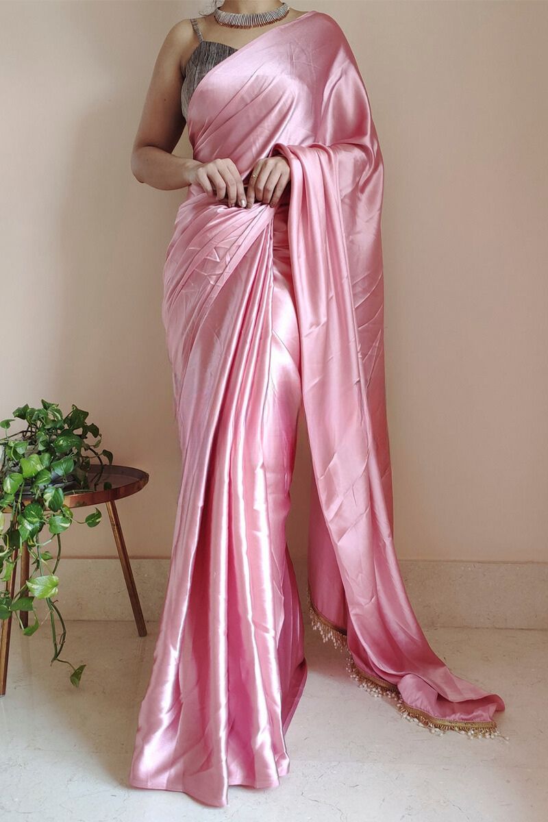 Snappy 1-Minute Ready To Wear Old Rose Pink Satin Silk Saree - thelotusfab