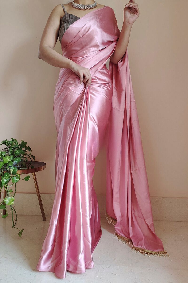 Snappy 1-Minute Ready To Wear Old Rose Pink Satin Silk Saree - thelotusfab