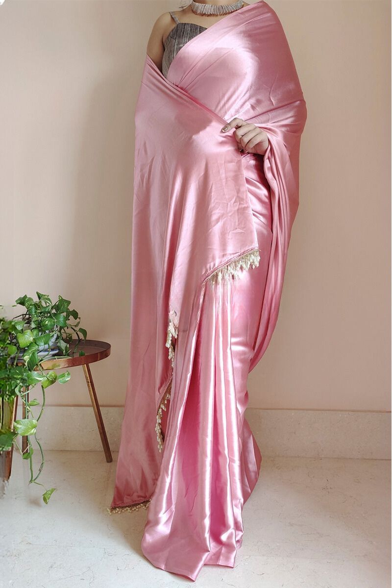 Snappy 1-Minute Ready To Wear Old Rose Pink Satin Silk Saree - thelotusfab