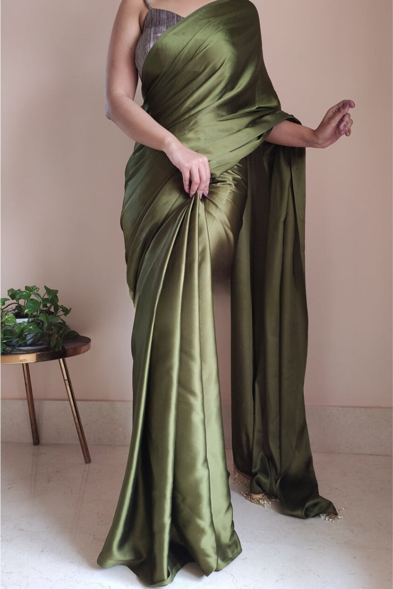 Dissemble 1-Minute Ready To Wear Olive Green Satin Silk Saree - thelotusfab