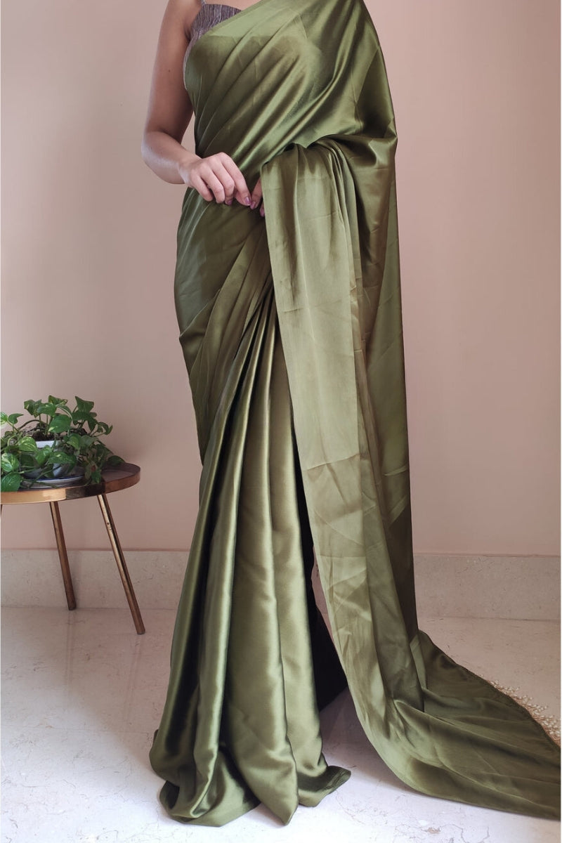 Dissemble 1-Minute Ready To Wear Olive Green Satin Silk Saree - thelotusfab