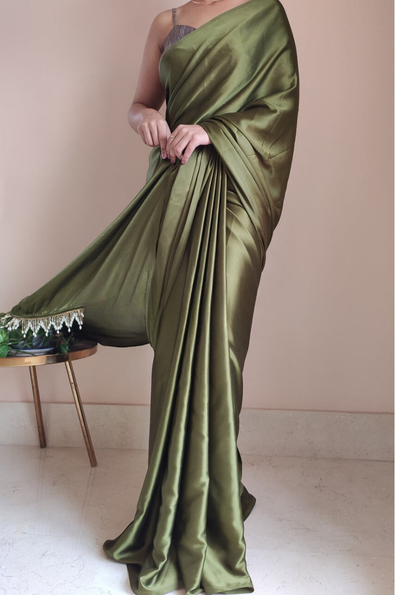 Dissemble 1-Minute Ready To Wear Olive Green Satin Silk Saree - thelotusfab