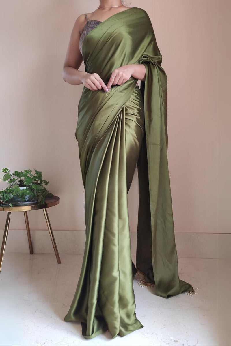 Dissemble 1-Minute Ready To Wear Olive Green Satin Silk Saree - thelotusfab