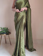 Dissemble 1-Minute Ready To Wear Olive Green Satin Silk Saree