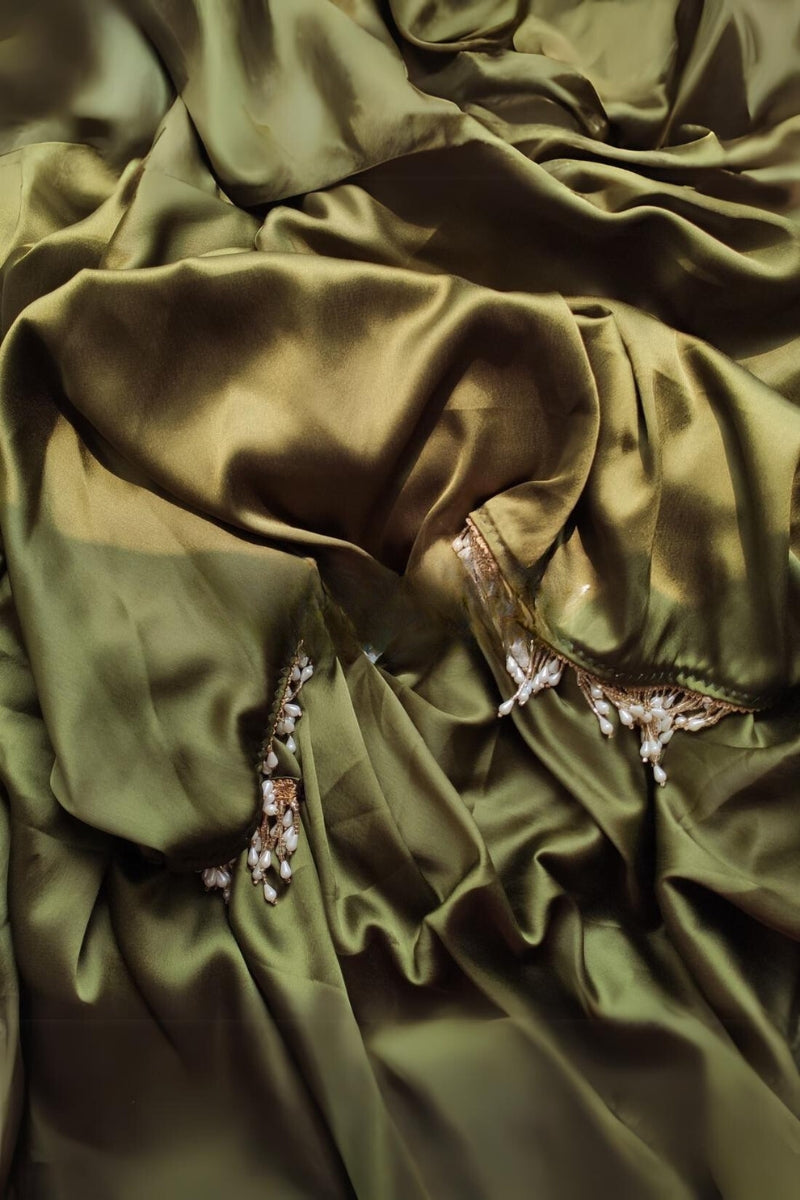 Dissemble 1-Minute Ready To Wear Olive Green Satin Silk Saree - thelotusfab