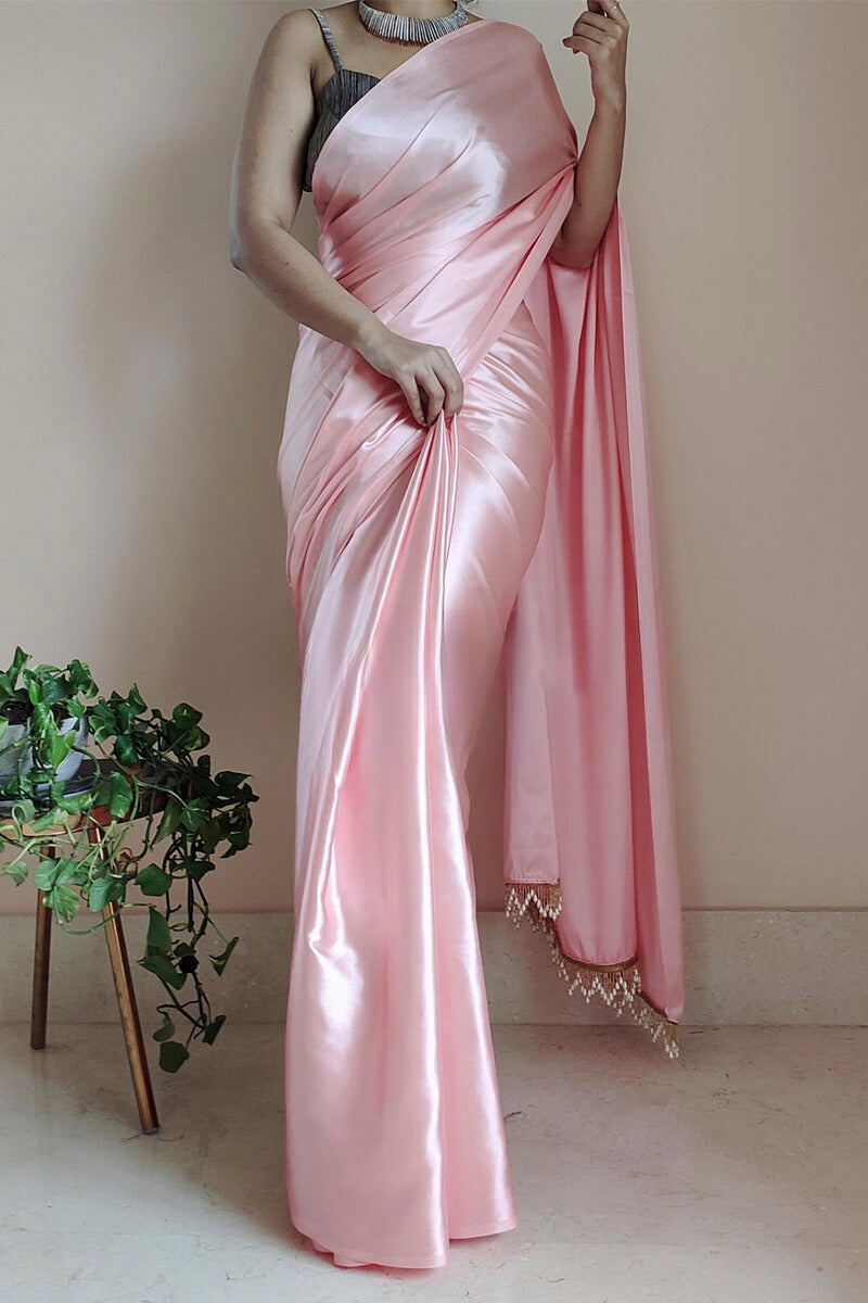 Denouement 1-Minute Ready To Wear Peach Satin Silk Saree - thelotusfab