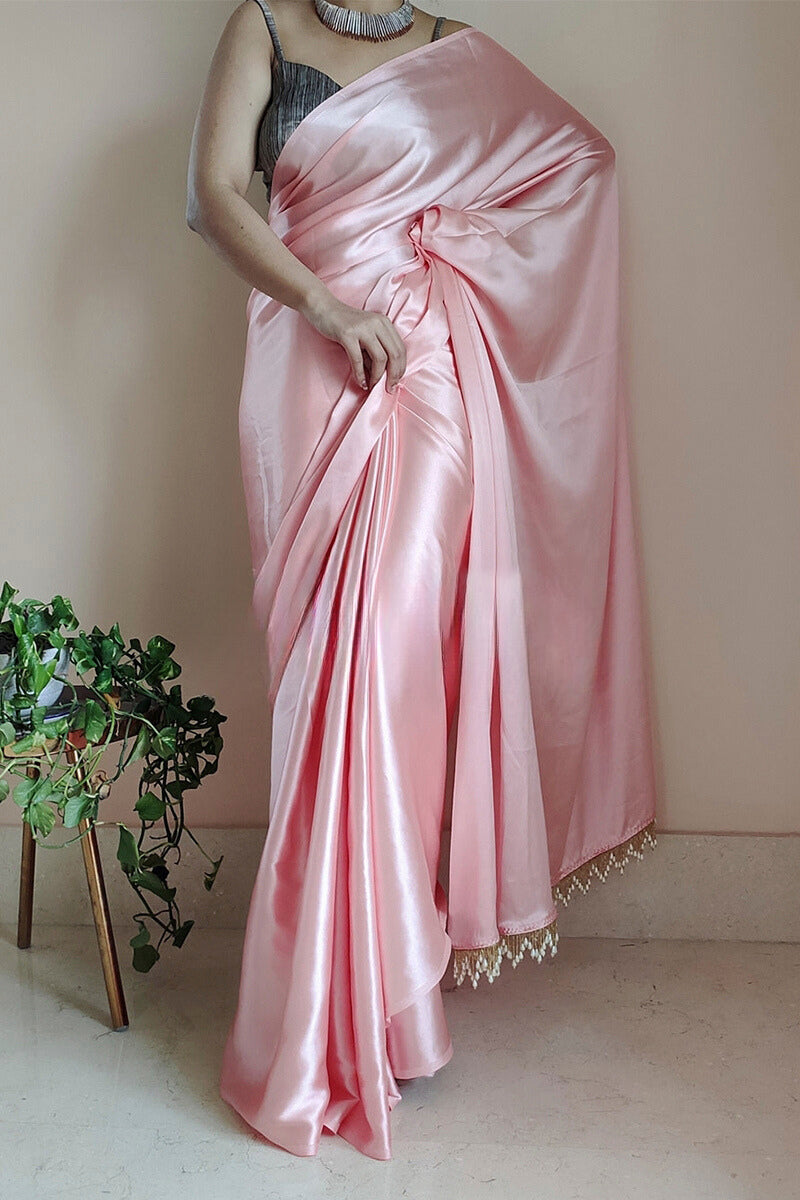 Denouement 1-Minute Ready To Wear Peach Satin Silk Saree - thelotusfab