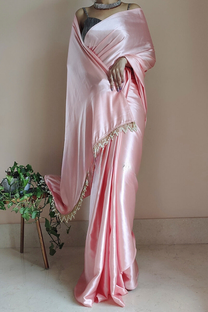 Denouement 1-Minute Ready To Wear Peach Satin Silk Saree - thelotusfab