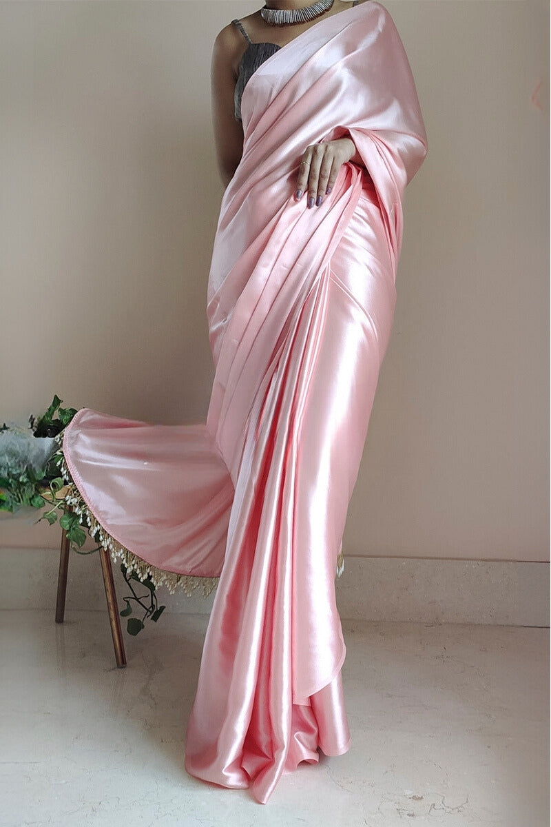 Denouement 1-Minute Ready To Wear Peach Satin Silk Saree - thelotusfab