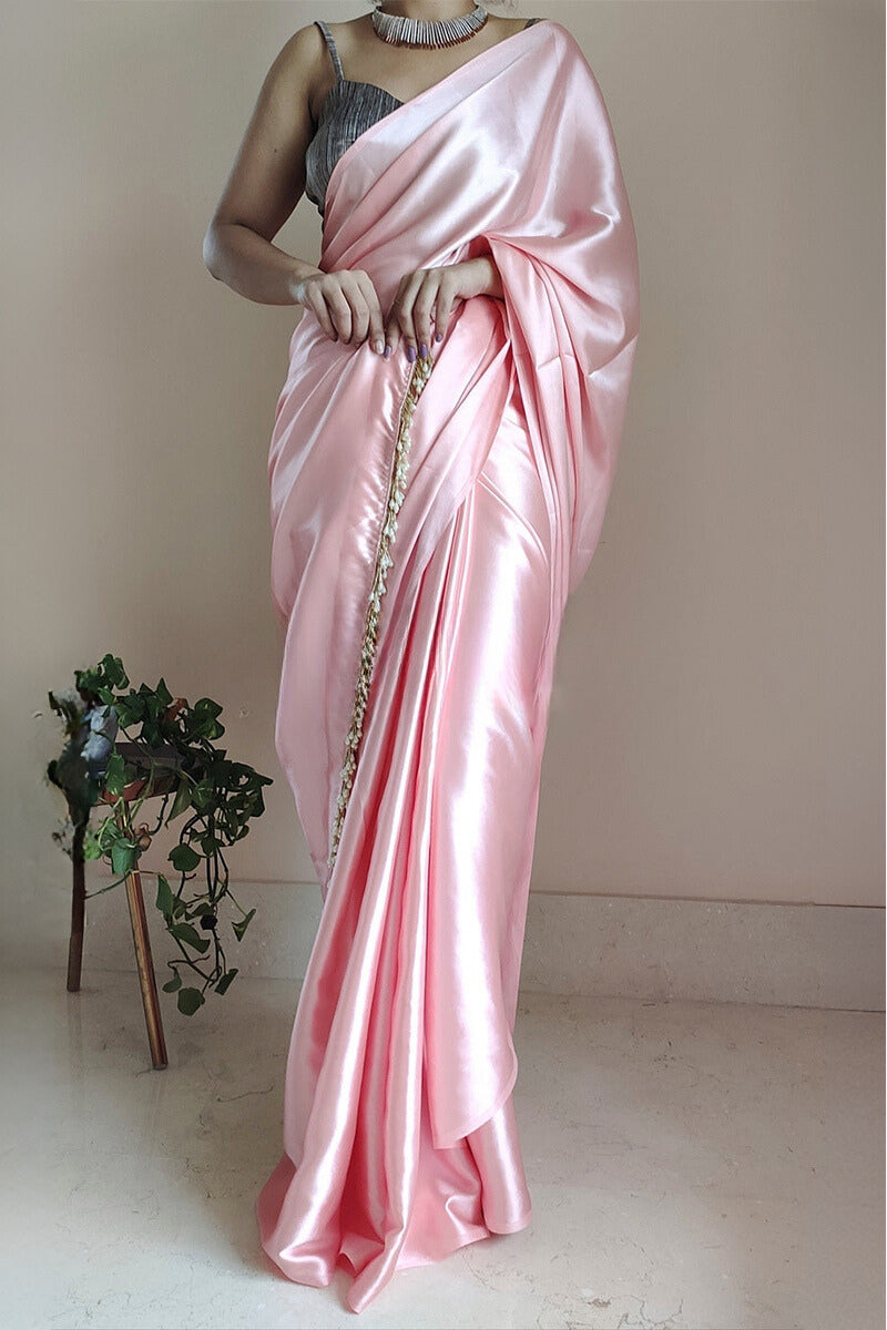 Denouement 1-Minute Ready To Wear Peach Satin Silk Saree - thelotusfab