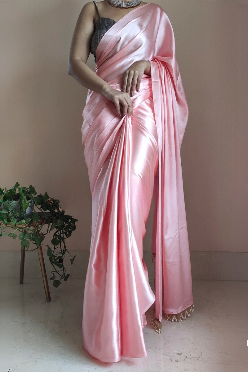 Denouement 1-Minute Ready To Wear Peach Satin Silk Saree - thelotusfab