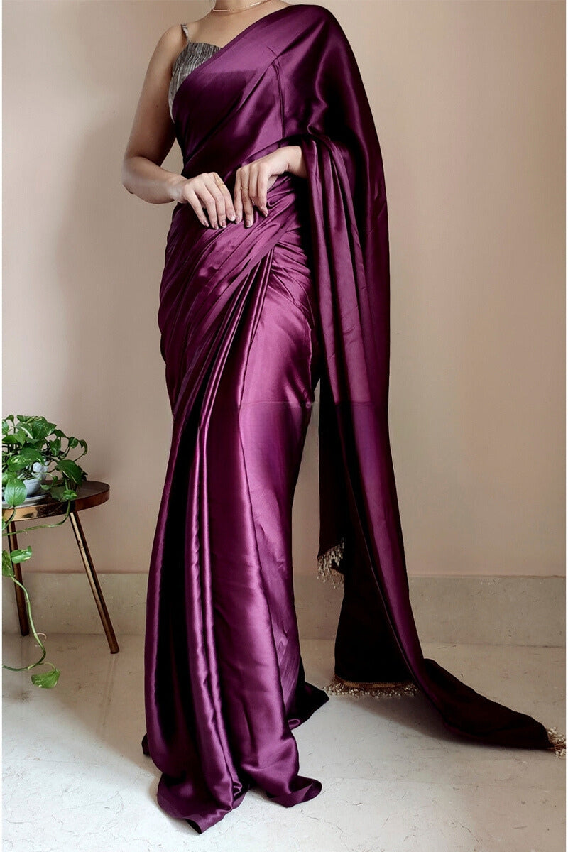 Phenomenal 1-Minute Ready To Wear Purple Satin Silk Saree - thelotusfab