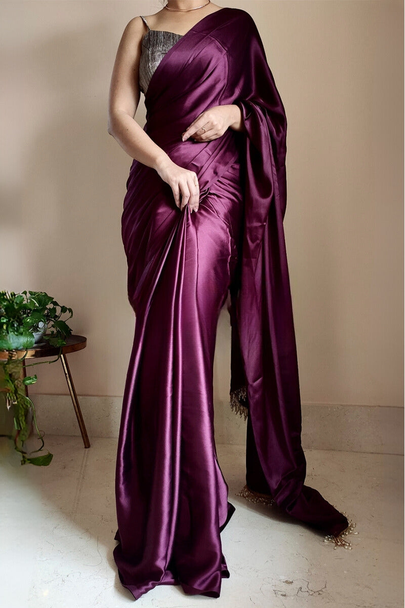 Phenomenal 1-Minute Ready To Wear Purple Satin Silk Saree - thelotusfab