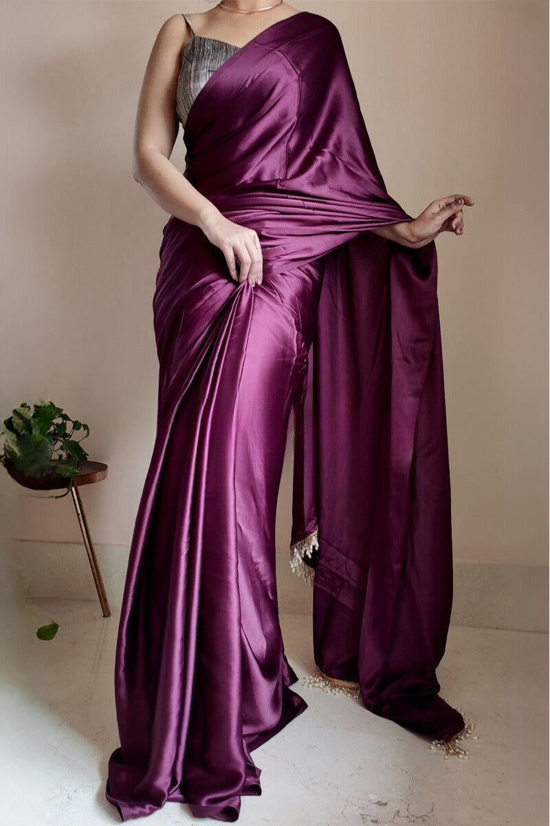 Phenomenal 1-Minute Ready To Wear Purple Satin Silk Saree - thelotusfab