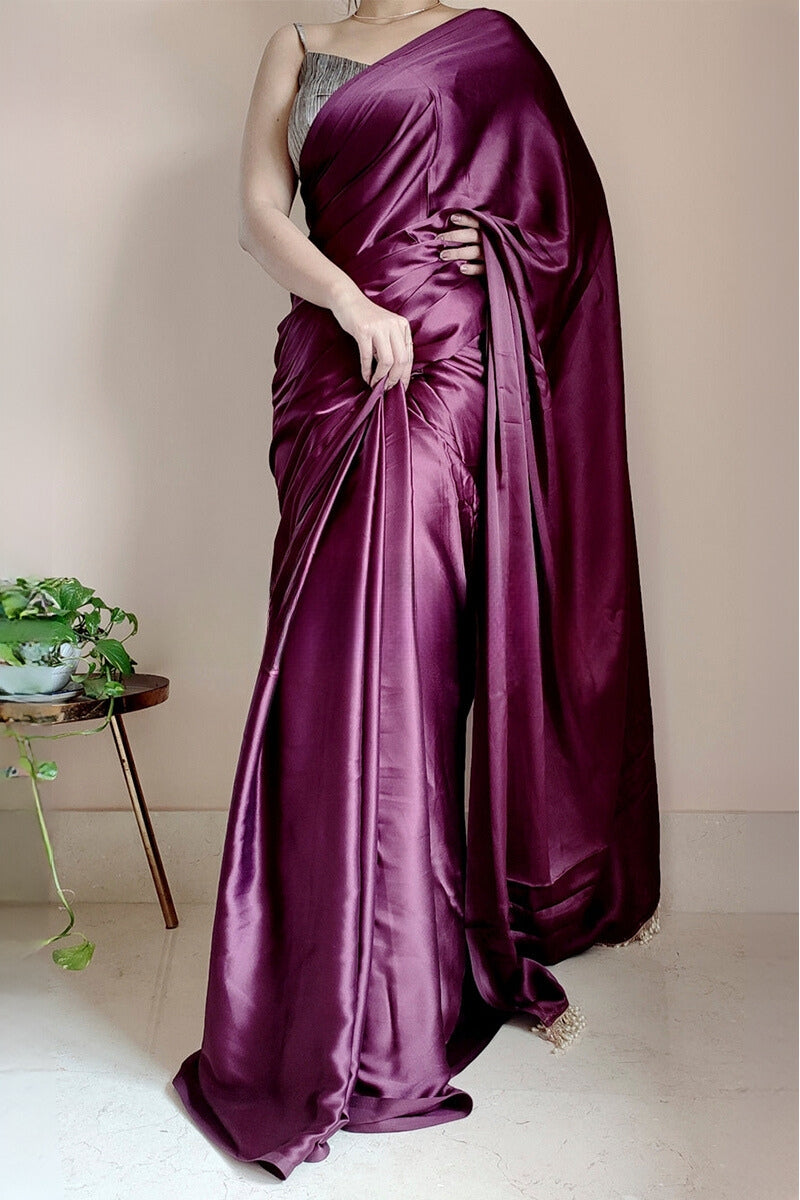 Phenomenal 1-Minute Ready To Wear Purple Satin Silk Saree - thelotusfab