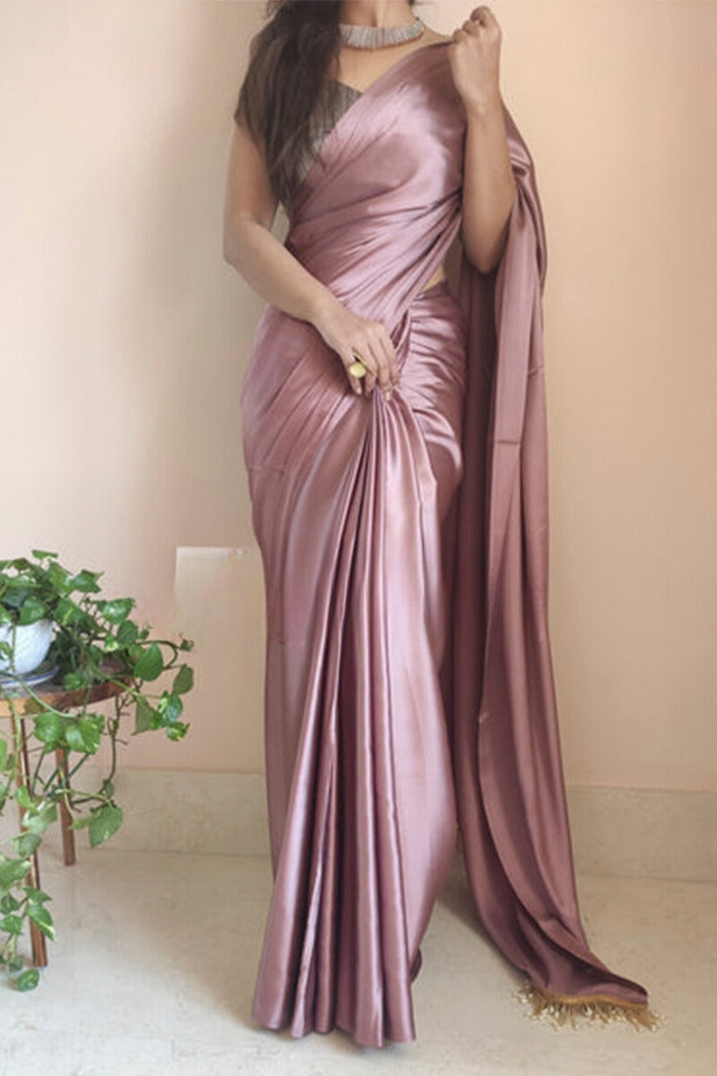 Sempiternal 1-Minute Ready To Wear Rose Gold Satin Silk Saree - thelotusfab