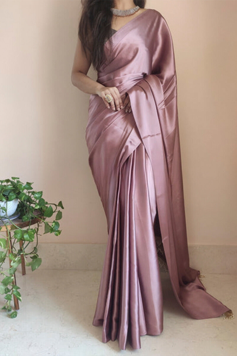 Sempiternal 1-Minute Ready To Wear Rose Gold Satin Silk Saree - thelotusfab