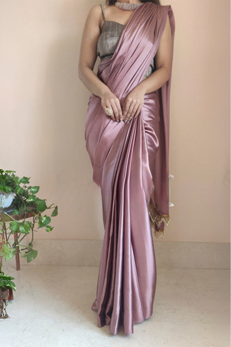 Sempiternal 1-Minute Ready To Wear Rose Gold Satin Silk Saree - thelotusfab