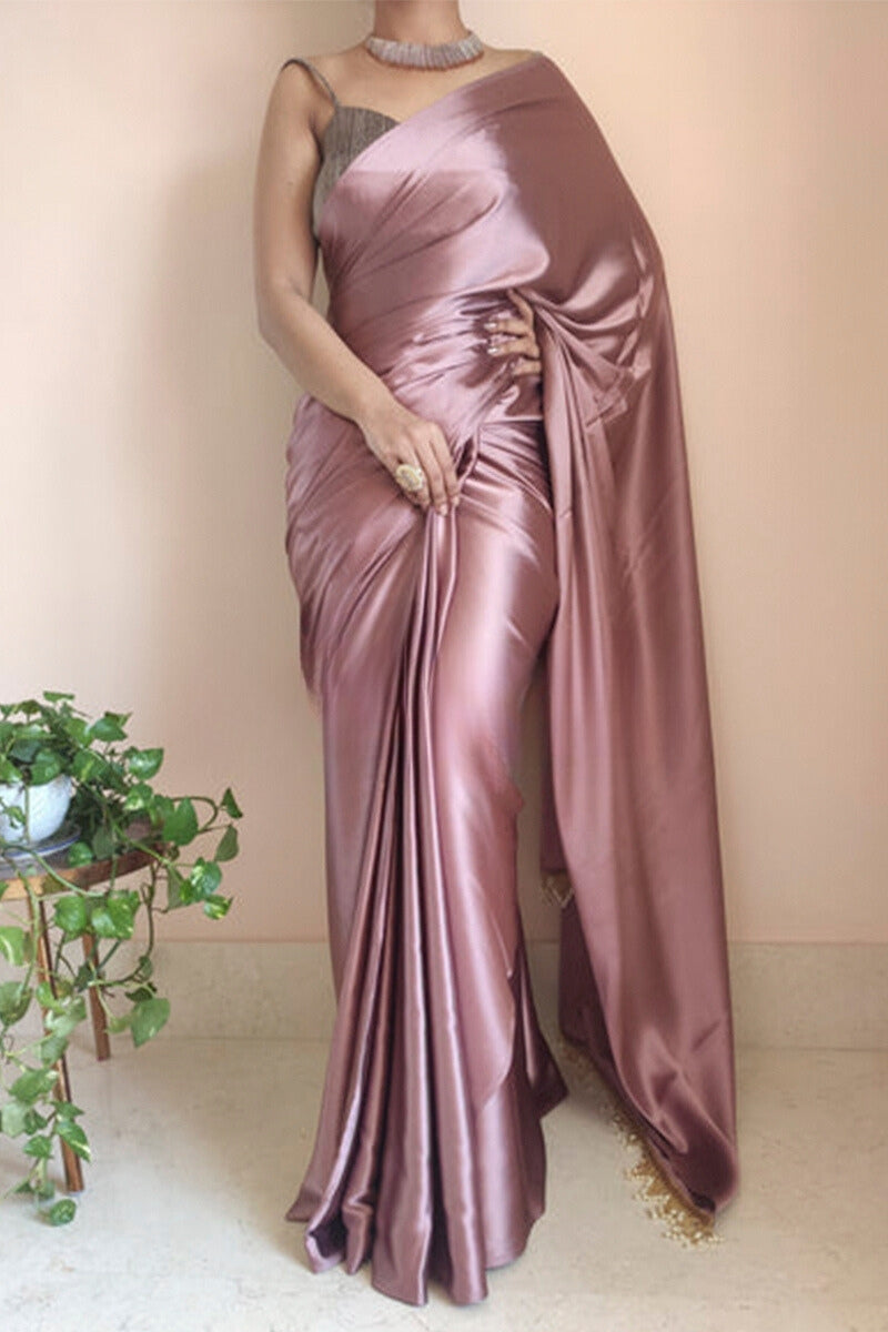 Sempiternal 1-Minute Ready To Wear Rose Gold Satin Silk Saree - thelotusfab