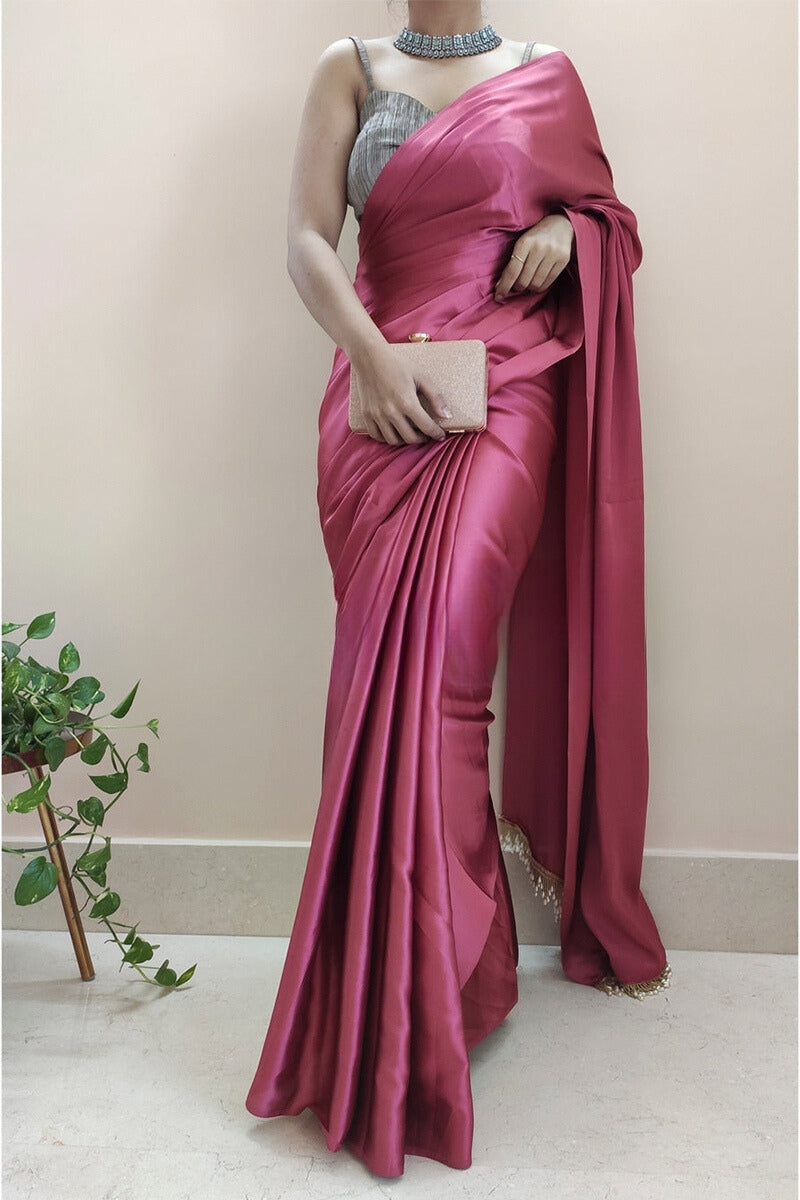 Imbrication 1-Minute Ready To Wear Rose Pink Satin Silk Saree - thelotusfab