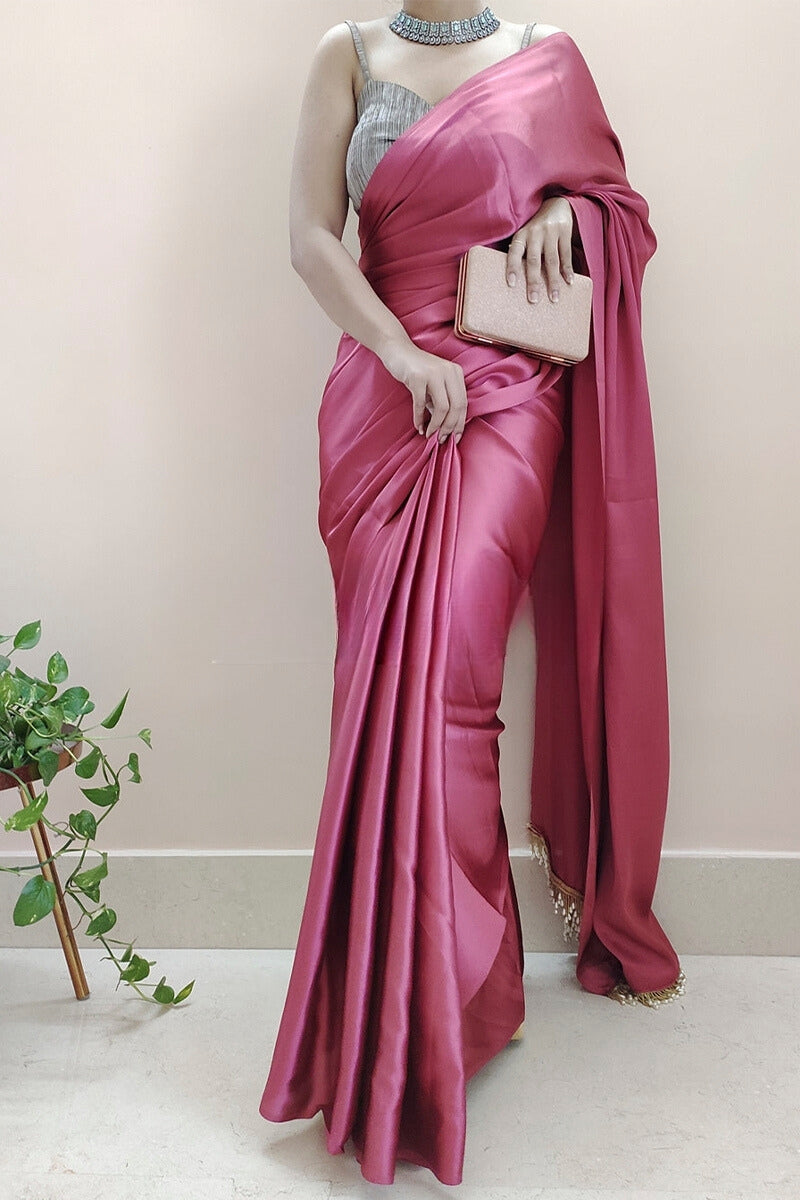 Imbrication 1-Minute Ready To Wear Rose Pink Satin Silk Saree - thelotusfab