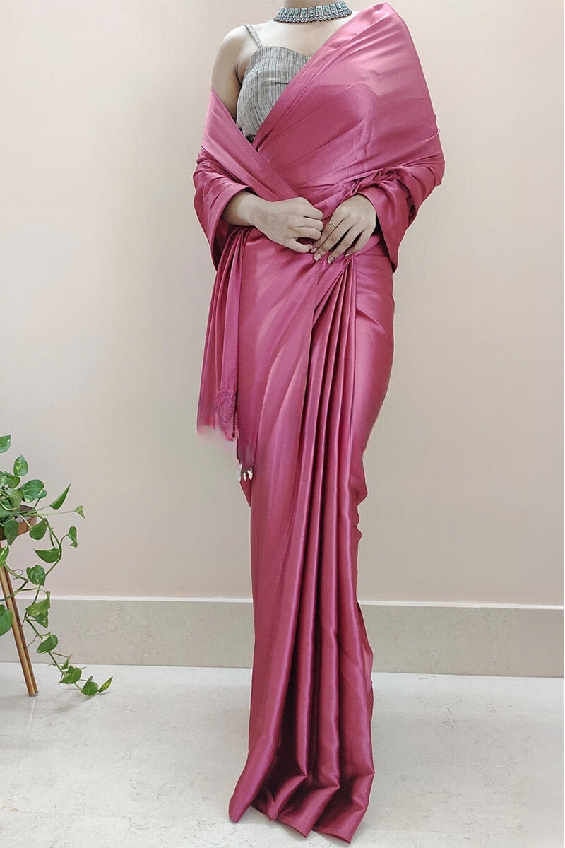 Imbrication 1-Minute Ready To Wear Rose Pink Satin Silk Saree - thelotusfab