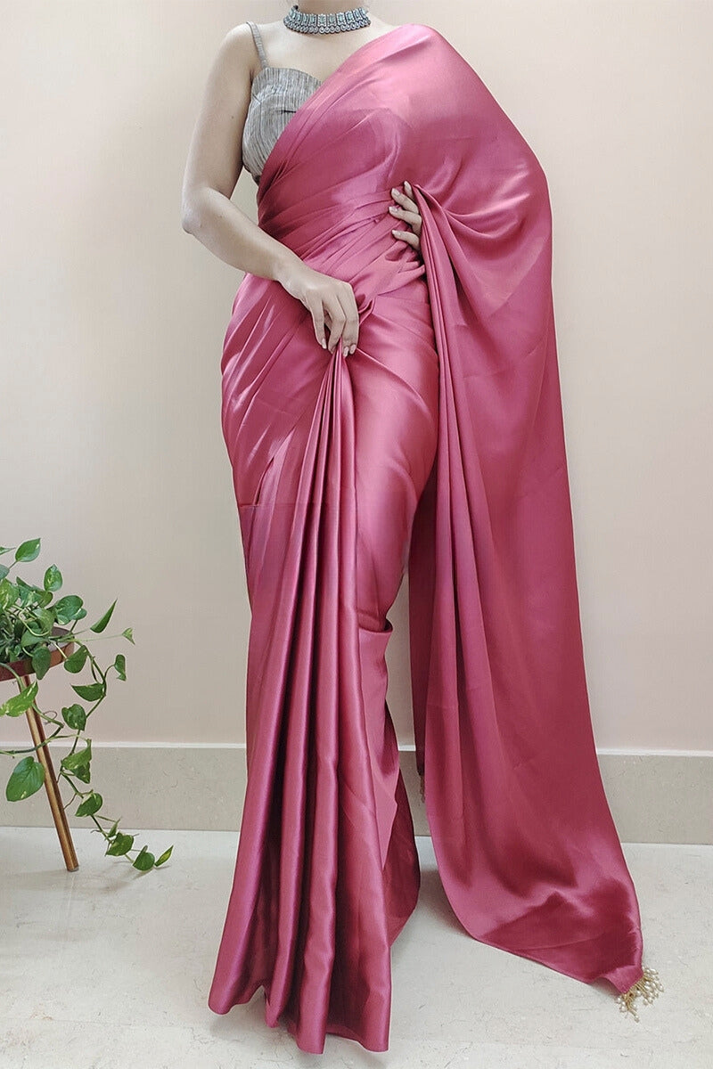 Imbrication 1-Minute Ready To Wear Rose Pink Satin Silk Saree - thelotusfab