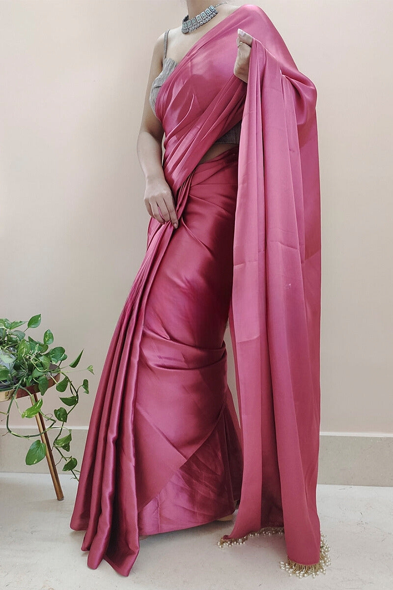 Imbrication 1-Minute Ready To Wear Rose Pink Satin Silk Saree - thelotusfab