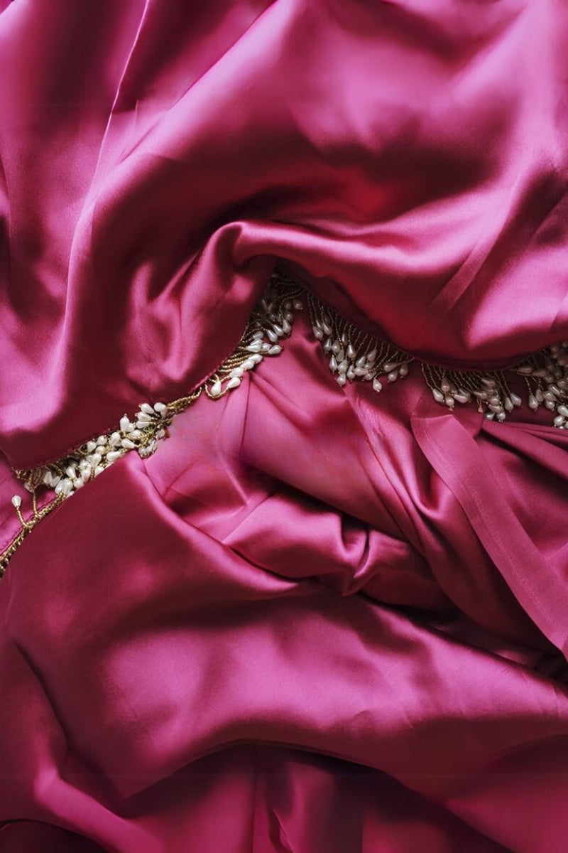 Imbrication 1-Minute Ready To Wear Rose Pink Satin Silk Saree - thelotusfab