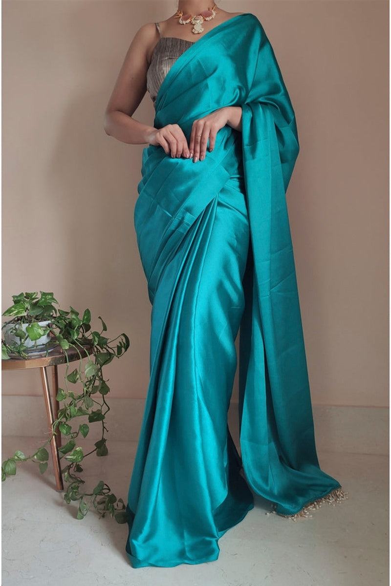 Sophisticated 1-Minute Ready To Wear Sea Green Satin Silk Saree - thelotusfab